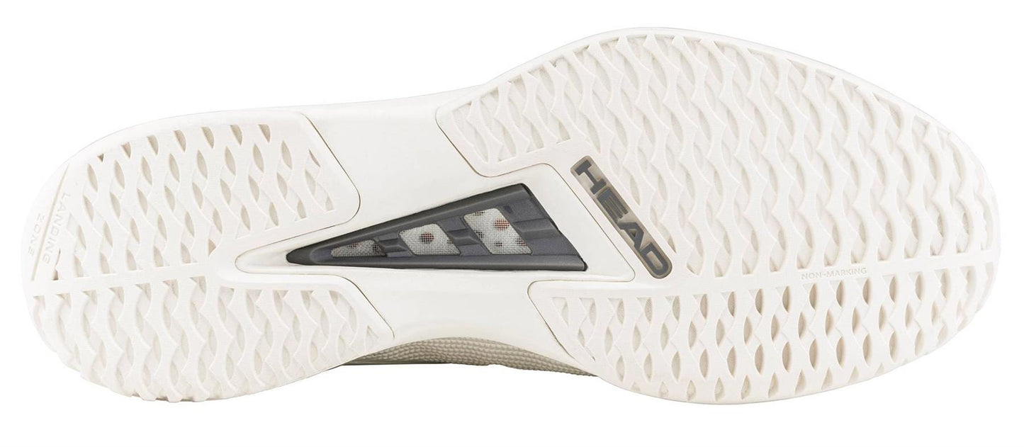 The HEAD Sprint Pro 4.0 Mens Tennis Shoes in Chalk White/Dark Grey feature a white sole with textured grip, a central transparent panel, geometric traction grooves, and the "HEAD" logo near the arch—ideal for lightweight tennis performance.