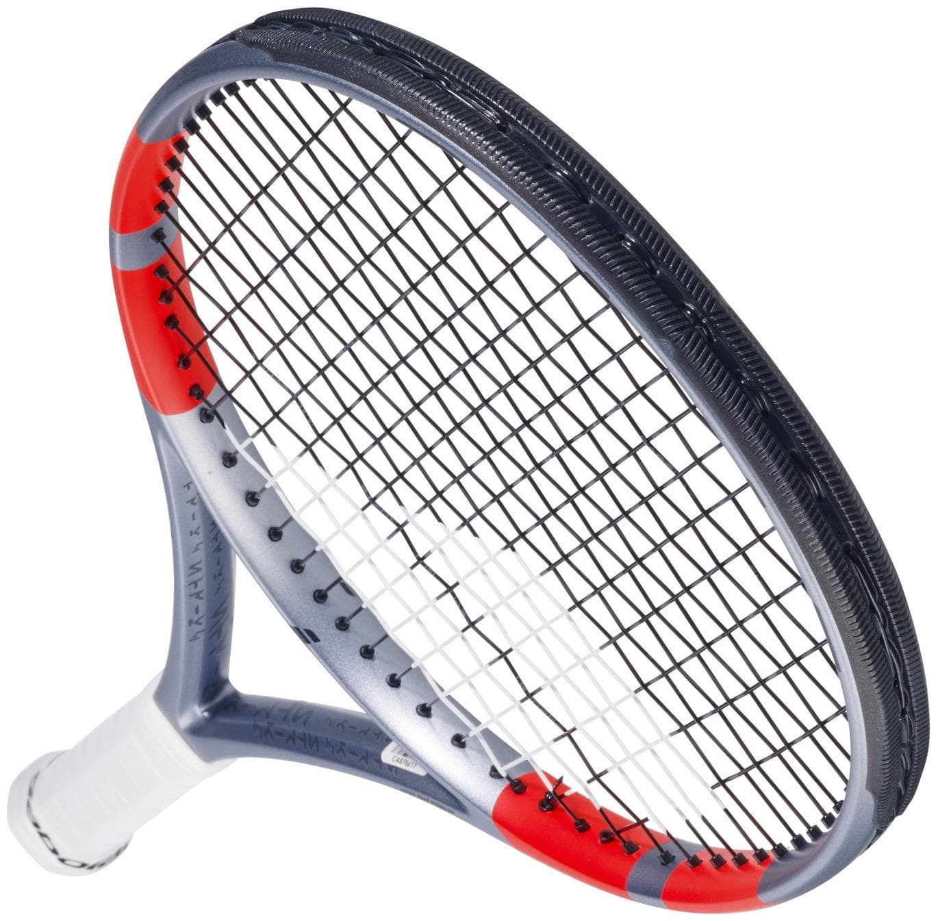 A close-up of the Babolat Pure Strike Team Gen4 Tennis Racket in Carbon Grey shows its gray frame with red accents, tightly strung black strings, and a white grip tape handle for enhanced control and forgiveness. Brand: Babolat.