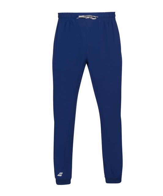 Babolat Play Men's Tennis Pants in Estate Blue feature an elastic waistband and drawstring, with a small logo located near the left ankle. Made from four-way stretch fabric by Babolat, these pants provide smooth comfort and are perfect for active wear.