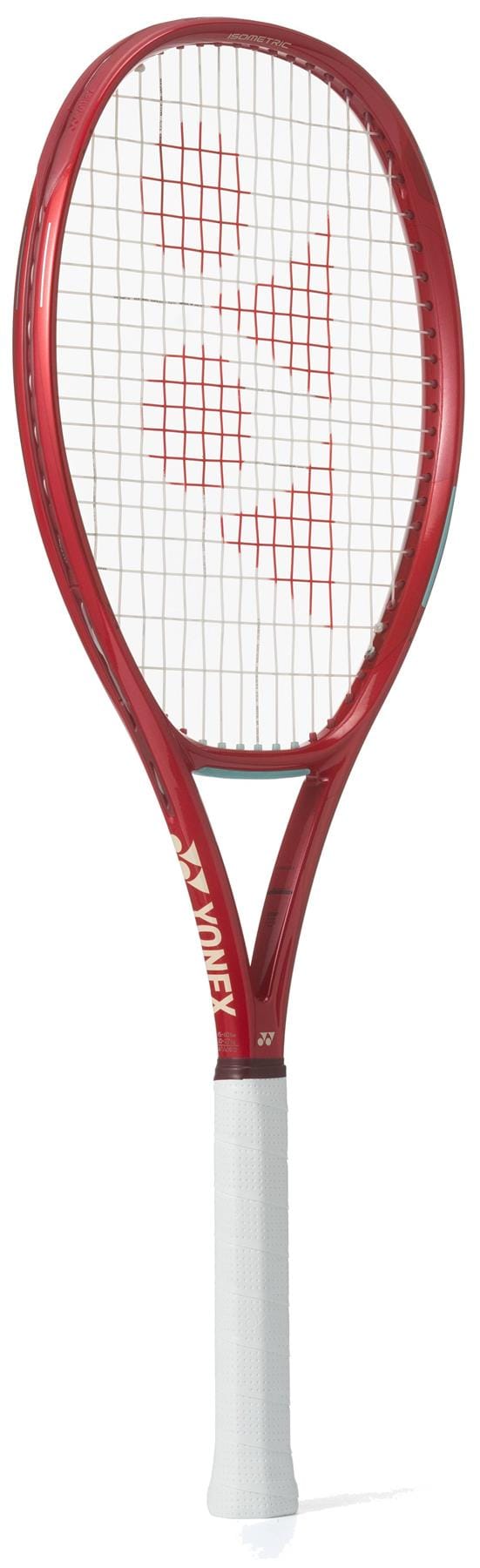 The Yonex VCORE 100 Ruby Red 2026 tennis racket features a red frame, white strings with a red logo at the center, and a white grip—designed for maximum spin on every shot and showcasing bold Yonex branding.