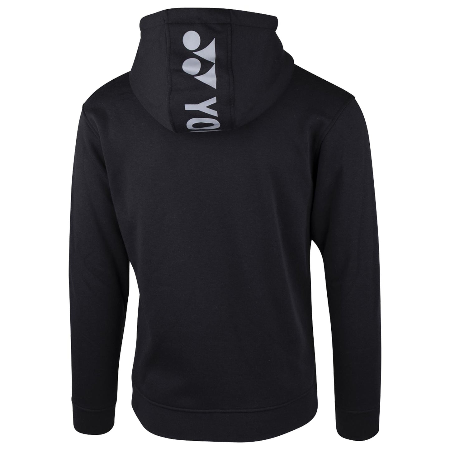 The Yonex YHD8000 Unisex Tennis Hoodie in black showcases a striking graphic design on the back of the hood, featuring a large white "Y" followed by "YOU" against the dark fabric. This stylish and comfortable hoodie includes long sleeves and UV protection.