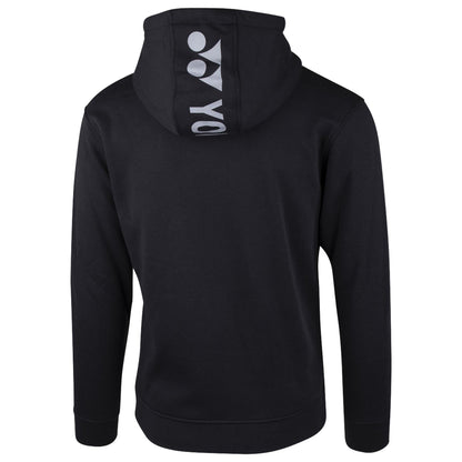 The Yonex YHD8000 Unisex Tennis Hoodie in black showcases a striking graphic design on the back of the hood, featuring a large white "Y" followed by "YOU" against the dark fabric. This stylish and comfortable hoodie includes long sleeves and UV protection.