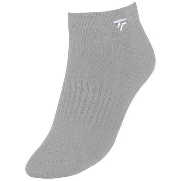 A single silver ankle sock with ribbed detailing, ideal for racket sports, featuring a small white logo near the top. Designed for comfort, these Tecnifibre Low Cut Tennis Socks (3 Pack) offer both style and performance on the court.