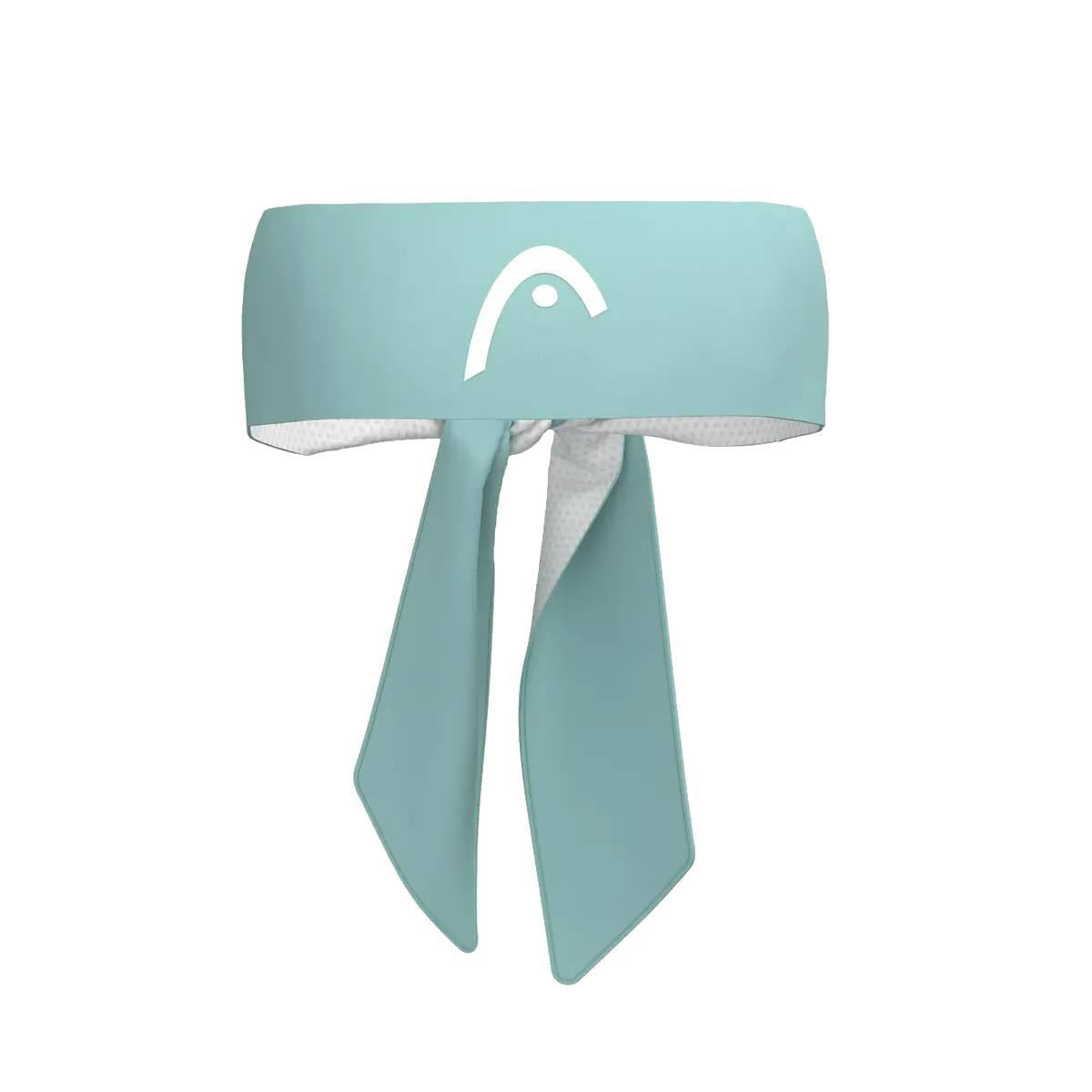 The HEAD Tennis Bandana - Aqua is a light blue athletic headband with two long tails and a white HEAD logo on the front, featuring advanced MXM technology—perfect for tennis.