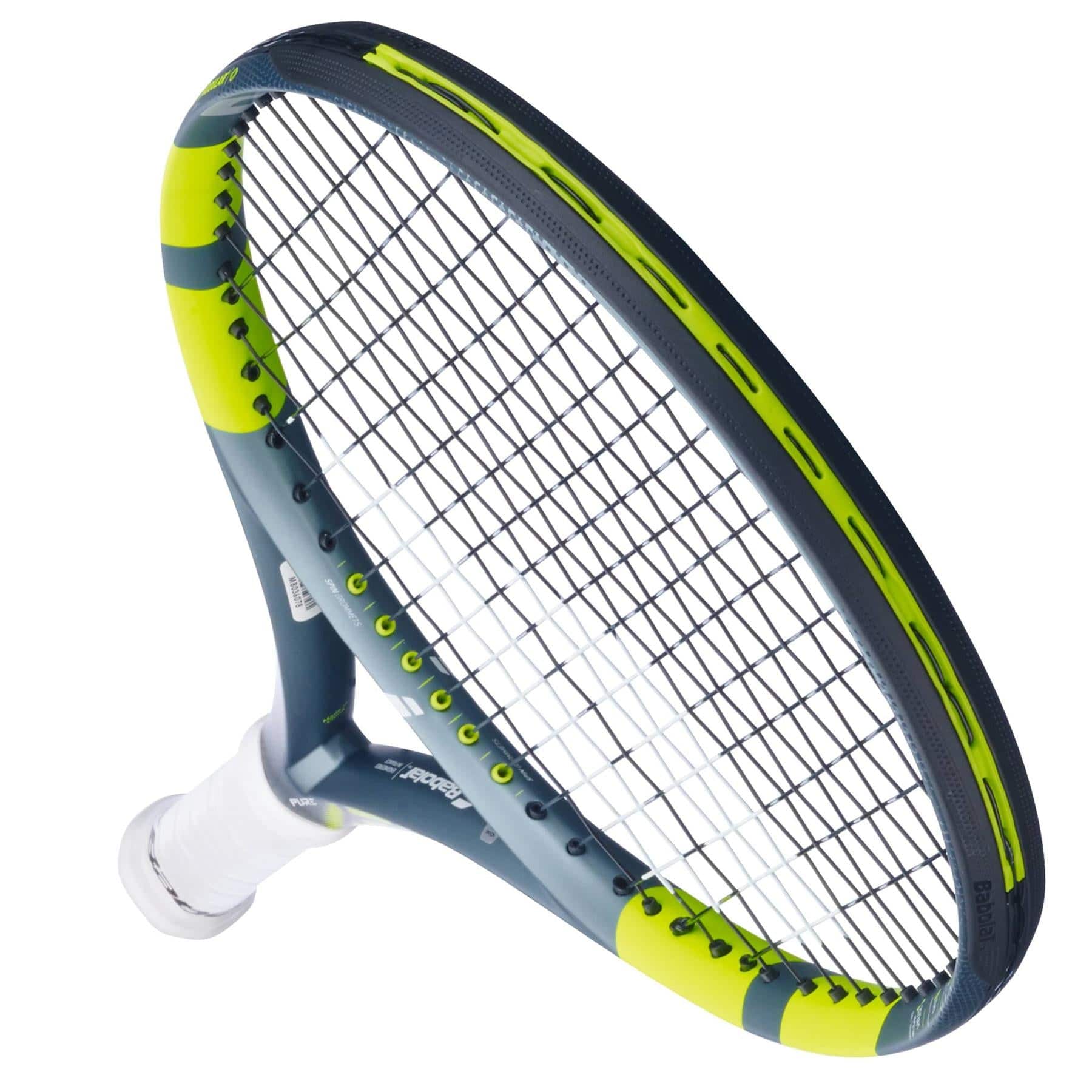 The Babolat Pure Aero Junior 25 Tennis Racket 2026 features a blue and neon yellow frame, black strings, and a white grip, displayed at an angle on a white background—ideal for young players who want advanced spin from Babolat.