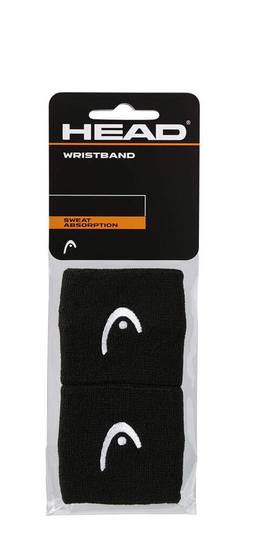 A package of HEAD 2.5" Tennis Wristbands in black, showcasing features like sweat absorption and excellent elasticity, with the brand logo design included.