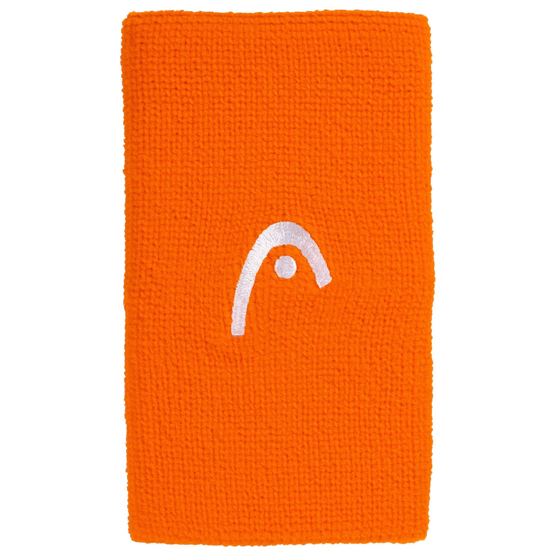 The HEAD 5" Tennis Wristband in orange features a white embroidered HEAD logo and offers stylish comfort on the court—perfect for tennis players.