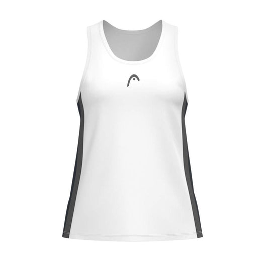 The HEAD Club 25 Tech Women's Tennis Tank Top in navy and white features a sleeveless design with black side panels and a centered HEAD logo. Made with Moisture Transfer Microfiber for enhanced comfort on the court.