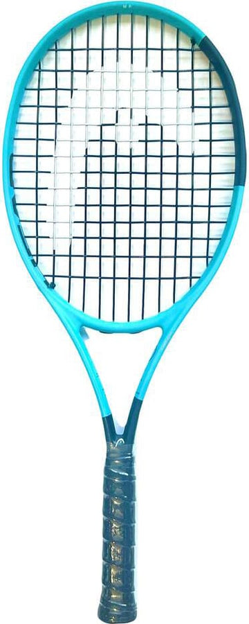 A HEAD Boom MP 2026 Mini Replica Tennis Racket, featuring a blue and black design with a black grip, is displayed upright against a white background—an ideal collectible tennis racket from the renowned HEAD brand.