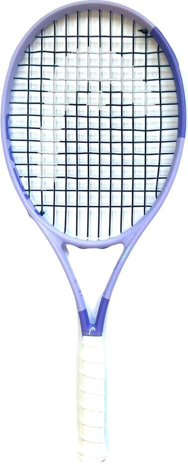 The HEAD Boom MP Alternate 2026 Mini Replica Tennis Racket by HEAD features a light purple frame, black strings, and a white grip. Displayed on a plain white background, this collectable mini racket is perfect for tennis enthusiasts.