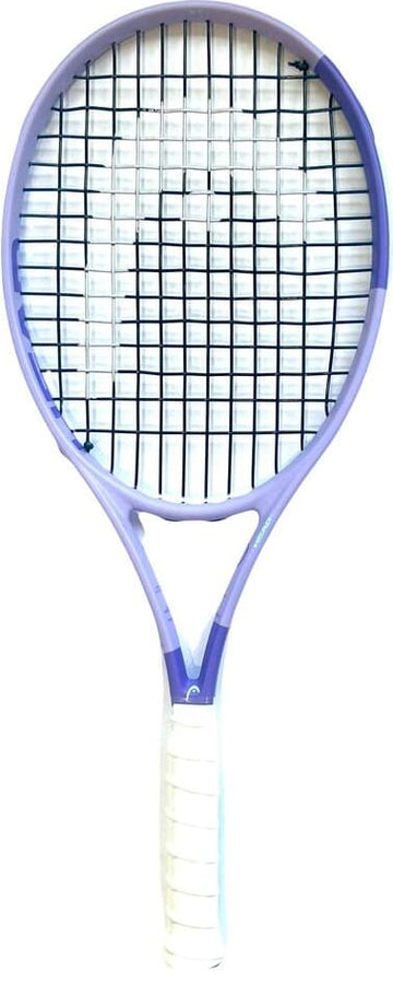 The HEAD Boom MP Alternate 2026 Mini Replica Tennis Racket by HEAD features a light purple frame, black strings, and a white grip. Displayed on a plain white background, this collectable mini racket is perfect for tennis enthusiasts.