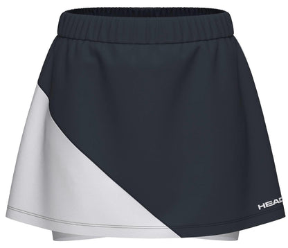 The HEAD Dynamic Womens Tennis Skort in navy/white features an elastic waistband, diagonal color block design, moisture-wicking fabric, and "HEAD" branding near the hem.