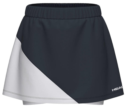 The HEAD Dynamic Womens Tennis Skort in navy/white features an elastic waistband, diagonal color block design, moisture-wicking fabric, and "HEAD" branding near the hem.