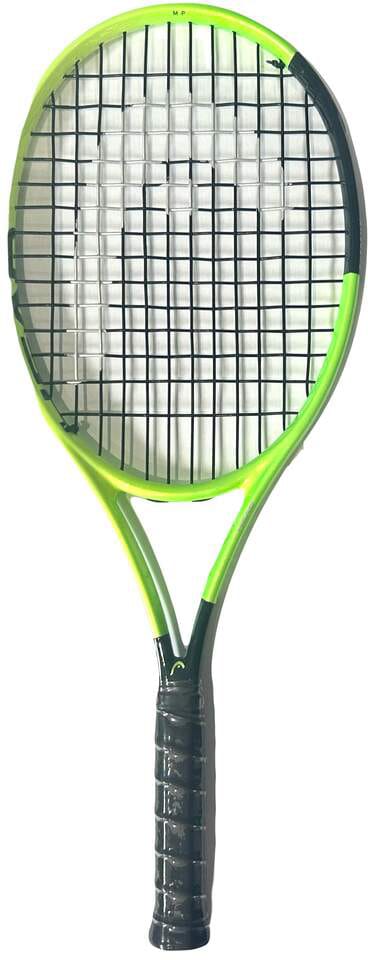 A green and black HEAD Extreme MP 2026 Mini Replica Tennis Racket featuring tightly woven black strings and a black grip, displayed against a white background.