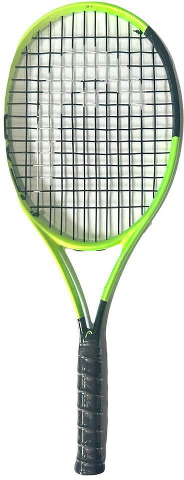 A green and black HEAD Extreme MP 2026 Mini Replica Tennis Racket featuring tightly woven black strings and a black grip, displayed against a white background.