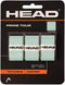 A three-pack of HEAD Prime Tour Tennis Overgrip in Celeste. The black card packaging with orange accents showcases the HEAD logo, lists the 0.60 mm / 0.02 in thickness, and features "Tackiness" and "Comfort" labels—emphasizing the tacky grip that defines HEAD Prime Tour overgrips.