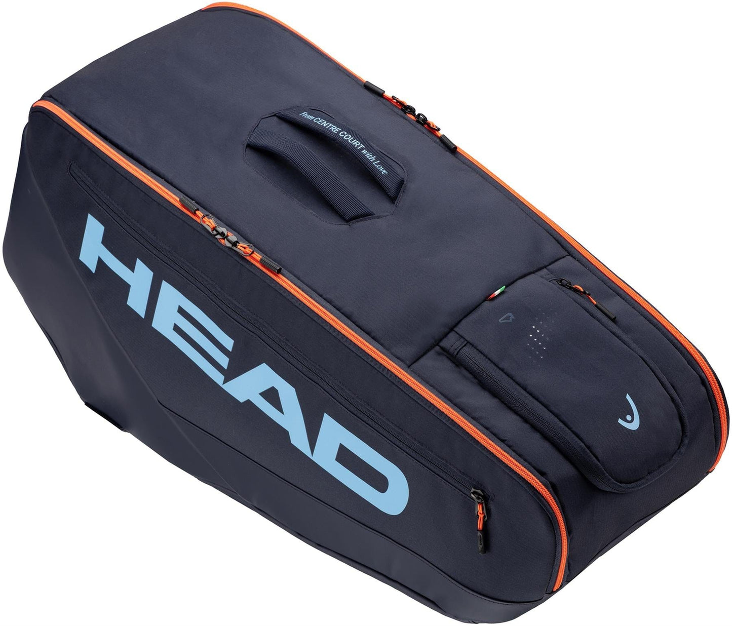 The HEAD Pro 9 Racket Tennis Bag L - Navy features blue HEAD branding, a carrying handle, orange zipper accents, and multiple zippered compartments for climate control and organization.