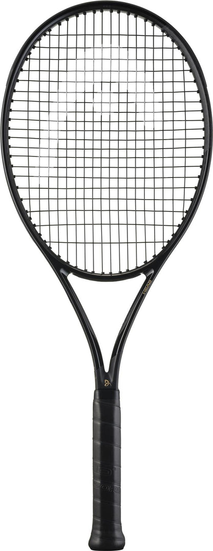 The HEAD Speed Pro Legend 2025 Tennis Racket - Black / Gold by HEAD, inspired by Novak Djokovic, stands upright with a black handle and tightly strung strings against a white background.