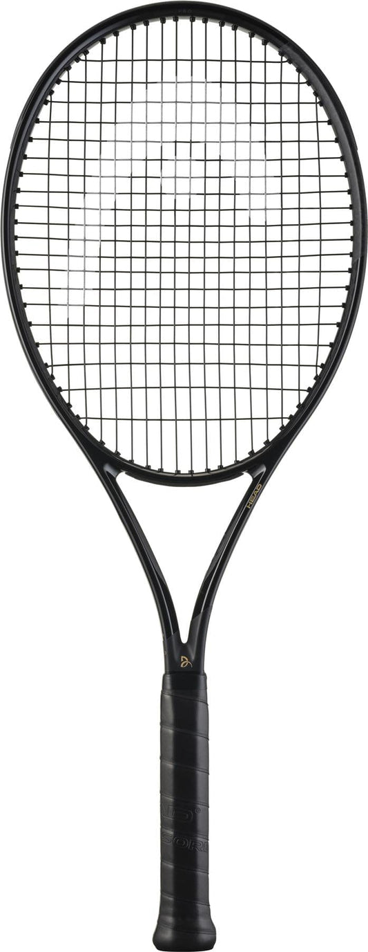 The HEAD Speed Pro Legend 2025 Tennis Racket - Black / Gold by HEAD, inspired by Novak Djokovic, stands upright with a black handle and tightly strung strings against a white background.