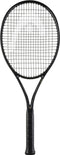 The HEAD Speed Pro Legend 2025 Tennis Racket - Black / Gold by HEAD, inspired by Novak Djokovic, stands upright with a black handle and tightly strung strings against a white background.