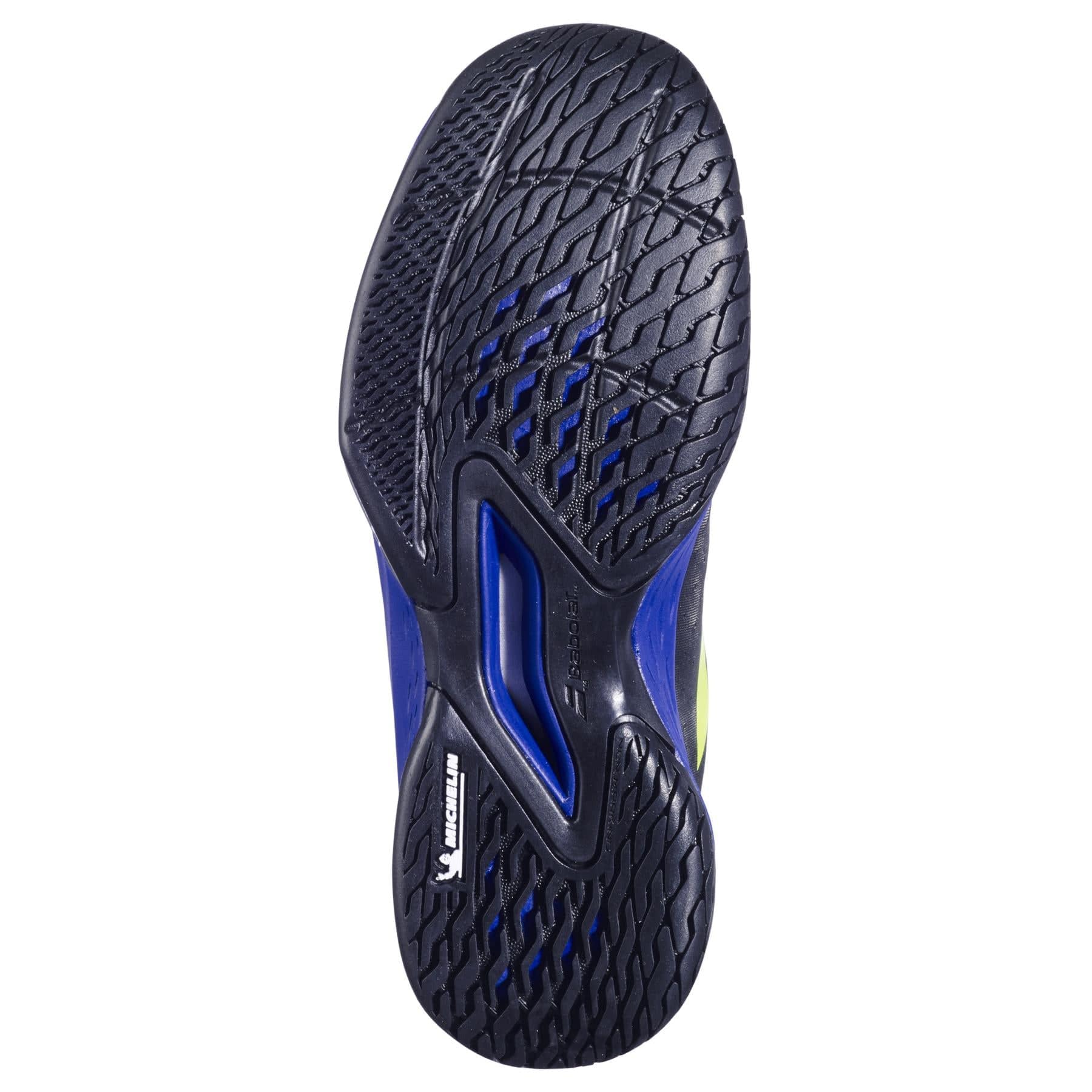 Close-up of the black Michelin outsole on the Babolat Propulse Junior 3 Boys Tennis Shoes - Black / Dark Blue, showing tread patterns, blue accents, and visible "Michelin" branding near the heel.