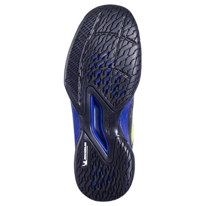 Close-up of the black Michelin outsole on the Babolat Propulse Junior 3 Boys Tennis Shoes - Black / Dark Blue, showing tread patterns, blue accents, and visible "Michelin" branding near the heel.