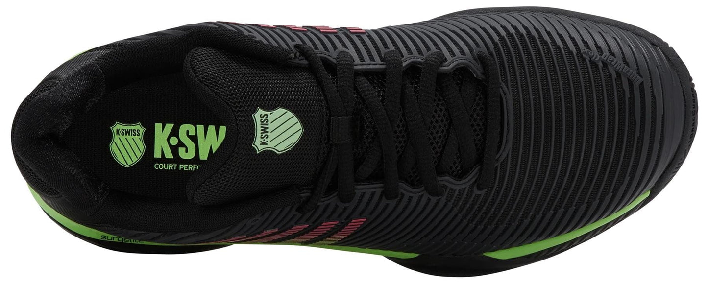 Top view of K-Swiss Hypercourt Express 2 Men's Tennis Shoes in Black/Soft Neon Green/Neon Lava, featuring a textured design, black laces, and green logo on the insole—ideal for comfortable tennis performance.