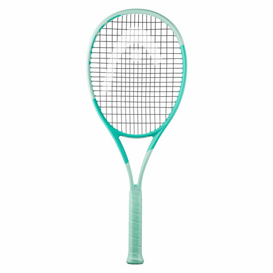 The HEAD Boom MP L 2024 Alternate Tennis Racket - Mint, featuring an eye-catching mint and white design with a black string pattern, incorporates Graphene Inside for improved performance. Its wrapped handle offers a secure grip. Positioned against a plain white background, this racket elegantly combines style with advanced technology.