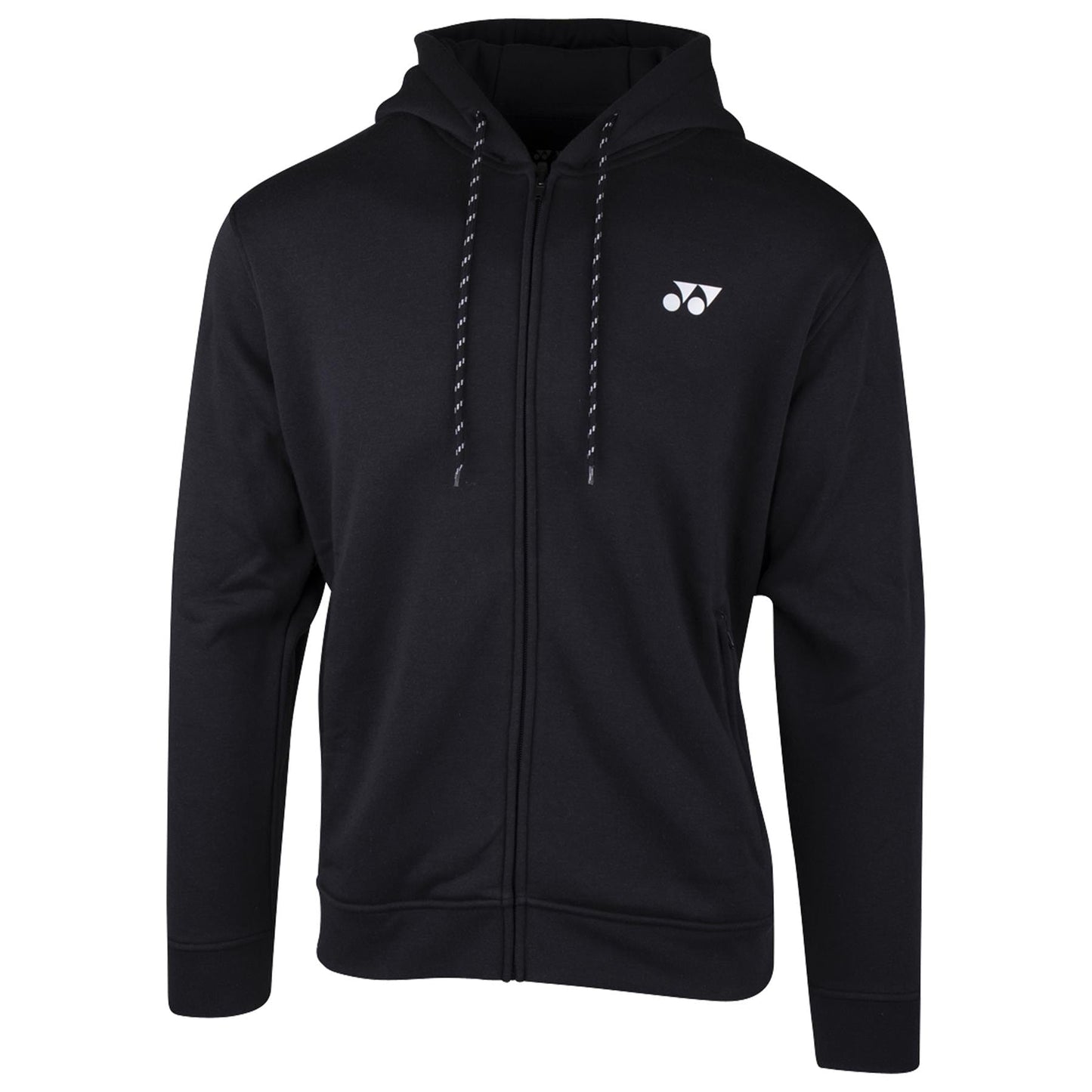 The Yonex YHD8000 Unisex Tennis Hoodie in black is designed with a drawstring hood and a small white logo on the chest. It features side pockets, ribbed cuffs, and hem for comfort and UV protection.