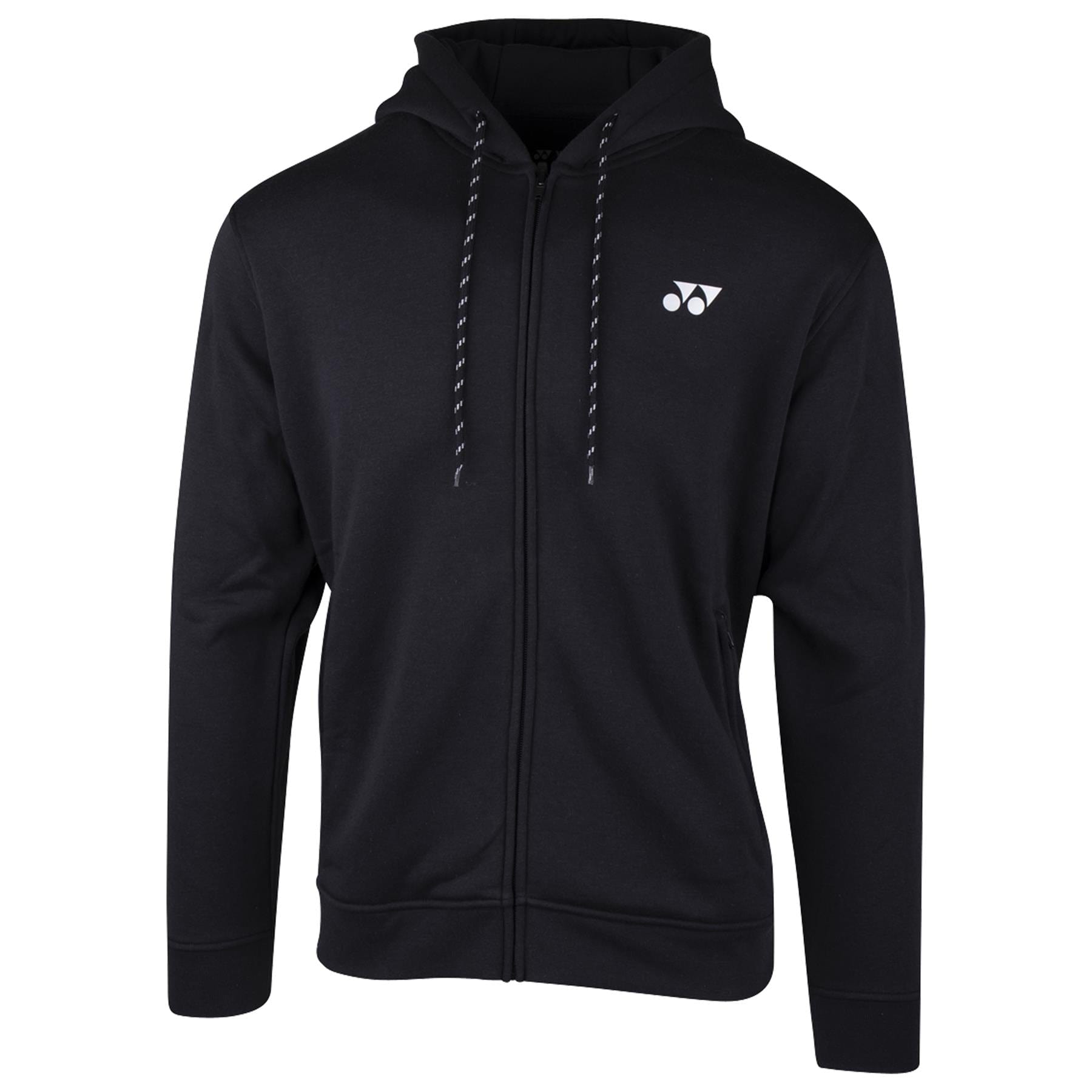 The Yonex YHD8000 Unisex Tennis Hoodie in black is designed with a drawstring hood and a small white logo on the chest. It features side pockets, ribbed cuffs, and hem for comfort and UV protection.