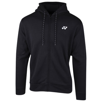 The Yonex YHD8000 Unisex Tennis Hoodie in black is designed with a drawstring hood and a small white logo on the chest. It features side pockets, ribbed cuffs, and hem for comfort and UV protection.