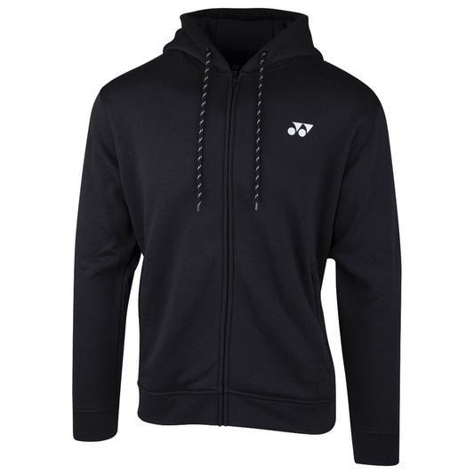 The Yonex YHD8000 Unisex Tennis Hoodie in black is designed with a drawstring hood and a small white logo on the chest. It features side pockets, ribbed cuffs, and hem for comfort and UV protection.