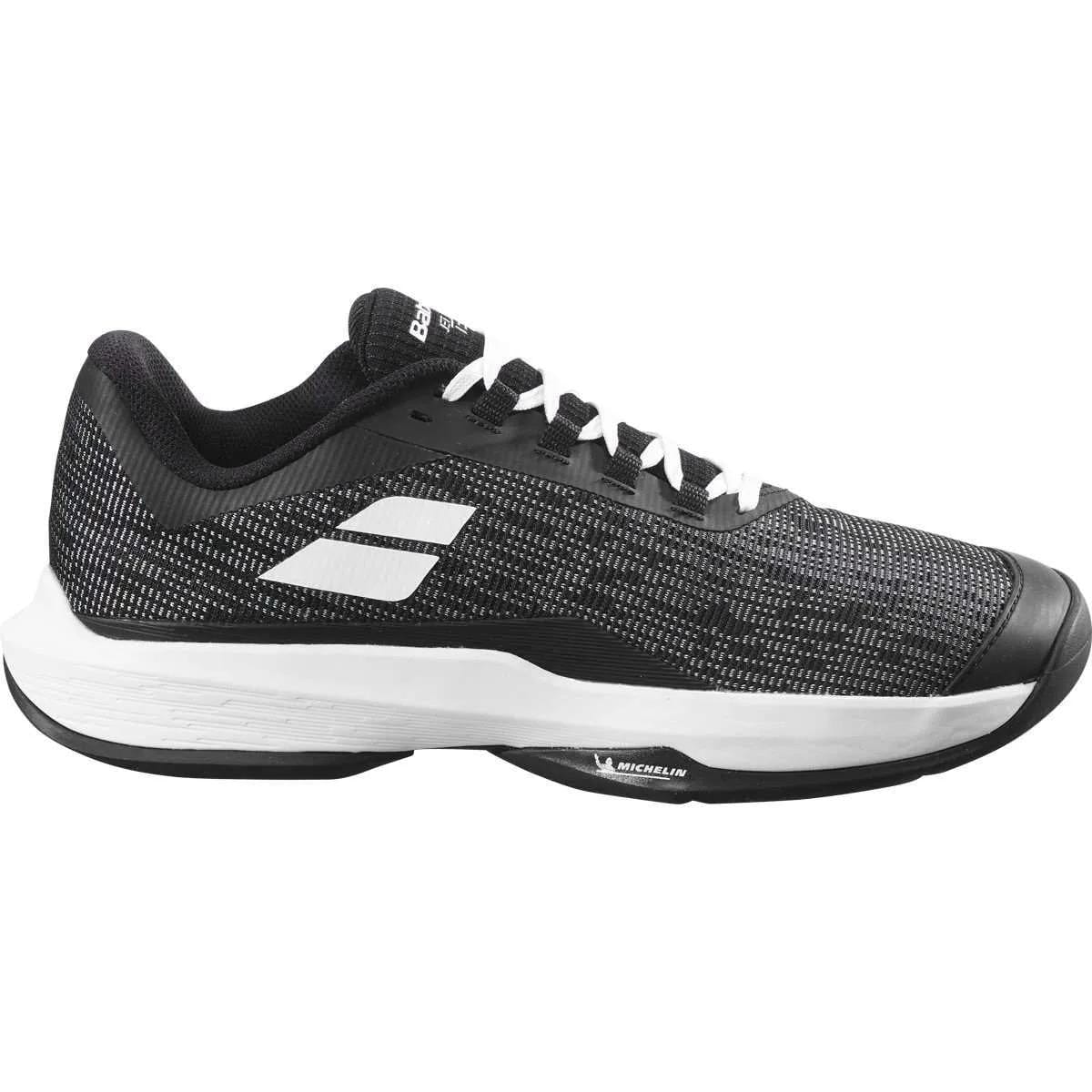 The Babolat Jet Tere 2 All Court Men's Tennis Shoes in black and white feature breathable mesh, a textured pattern, white sole and stripes, black laces, and a low-top design for stylish comfort.