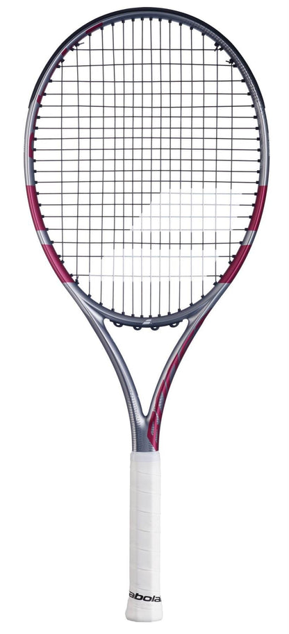 The Babolat Boost Aero Pink 2026 Tennis Racket by Babolat features a vibrant pink frame, white grip, and black strings, shown upright against a white background.