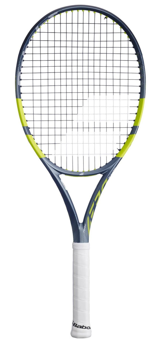 The Babolat Pure Aero Lite 2026 Tennis Racket is a lightweight, spin-friendly racket featuring a blue and yellow frame, black strings, white grip, and "Babolat" branding on the handle.