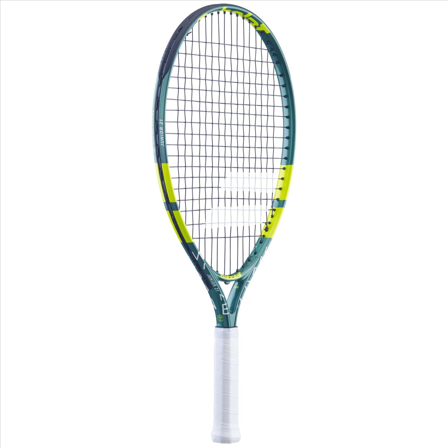 The Babolat Wimbledon 21 Junior Tennis Racket - Green boasts a teal and yellow frame, skillfully crafted by Babolat. Its white grip harmonizes with the precisely strung strings, displayed vertically against a plain white background to highlight the sophistication of aluminium rackets.