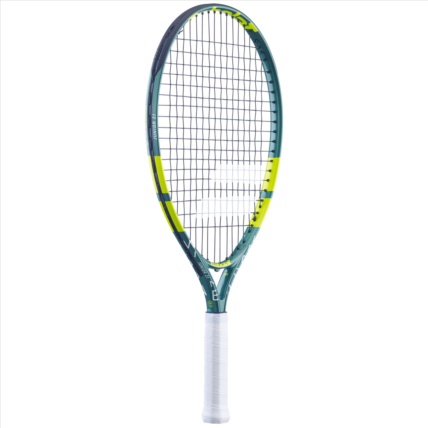 The Babolat Wimbledon 21 Junior Tennis Racket - Green boasts a teal and yellow frame, skillfully crafted by Babolat. Its white grip harmonizes with the precisely strung strings, displayed vertically against a plain white background to highlight the sophistication of aluminium rackets.