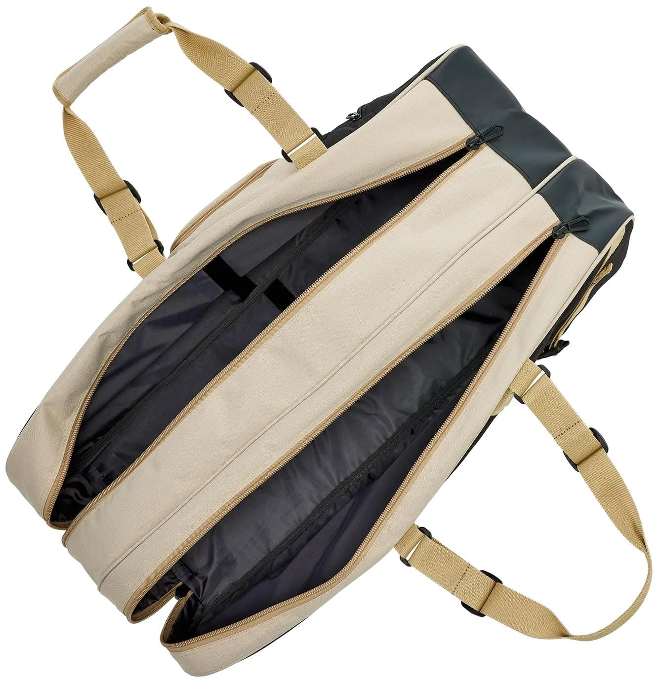 The Yonex BA72626EX Gearlogic 6 Racket Tennis Bag in beige is shown from above with its main zipper open, revealing a spacious, empty interior and tan adjustable straps—made by Yonex from recycled polyester for sustainable style.