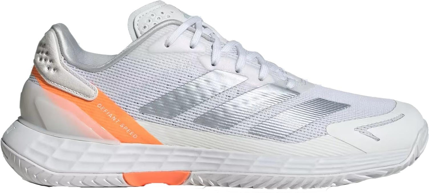 The adidas Defiant Speed 2 Women's Tennis Shoes feature a cloud white mesh upper, halo blue stripes, light grey laces, and beam orange accents on the heel and sole, with the model name displayed on the side.
