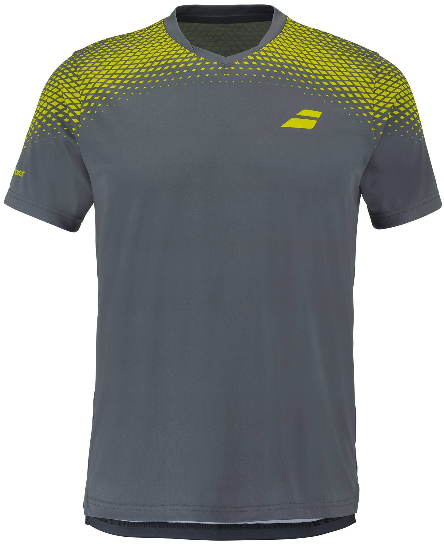 The Babolat Aero Crew Neck Men's Tennis T-Shirt in Grey/Aero features short sleeves, a yellow geometric pattern on the shoulders, and a small yellow logo on the left chest—making it an ideal addition to any men's tennis clothing collection.