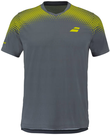 The Babolat Aero Crew Neck Men's Tennis T-Shirt in Grey/Aero features short sleeves, a yellow geometric pattern on the shoulders, and a small yellow logo on the left chest—making it an ideal addition to any men's tennis clothing collection.