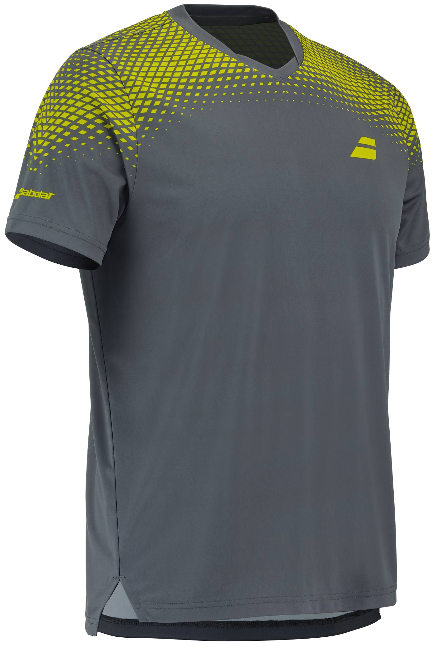The Babolat Aero Crew Neck Men's Tennis T-Shirt in Grey/Aero features yellow geometric patterns on the shoulders and chest, a small yellow logo on the left chest, and an additional logo on the left sleeve. Designed with a crew neck and relaxed fit, this Babolat shirt is made for quick-dry performance, making it an excellent option for men's tennis apparel.
