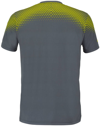 The Babolat Aero Crew Neck Mens Tennis T-Shirt in Grey / Aero features a striking yellow geometric pattern across the shoulders and upper back, fading downward in a dotted triangular design. This quick-drying men's tennis shirt from Babolat’s latest collection is shown here from the back.