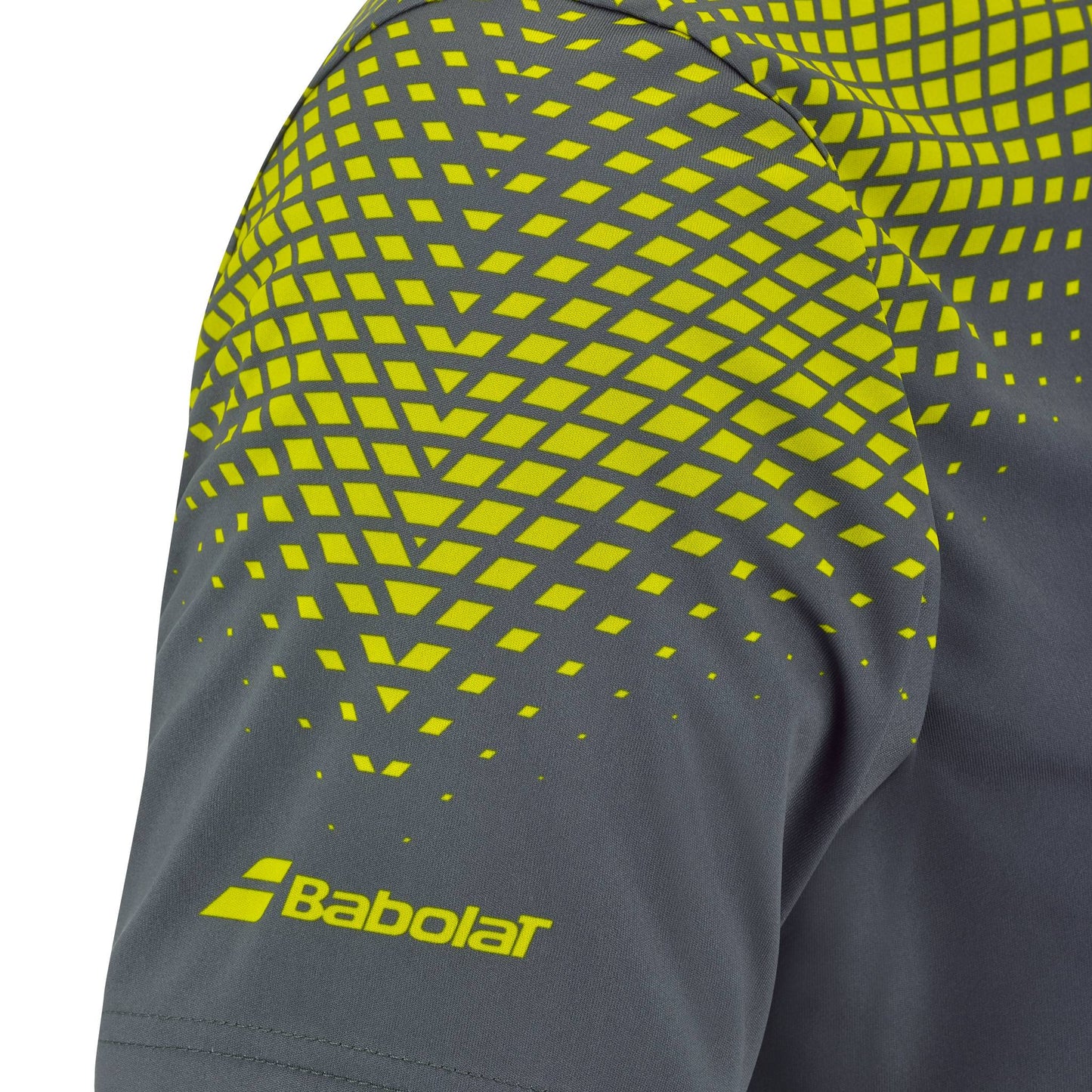 Close-up of the Babolat Aero Crew Neck Men's Tennis T-Shirt in Grey/Aero, featuring a gray sleeve with a yellow geometric pattern and the Babolat logo near the hem—part of Babolat’s performance-driven tennis apparel for men.