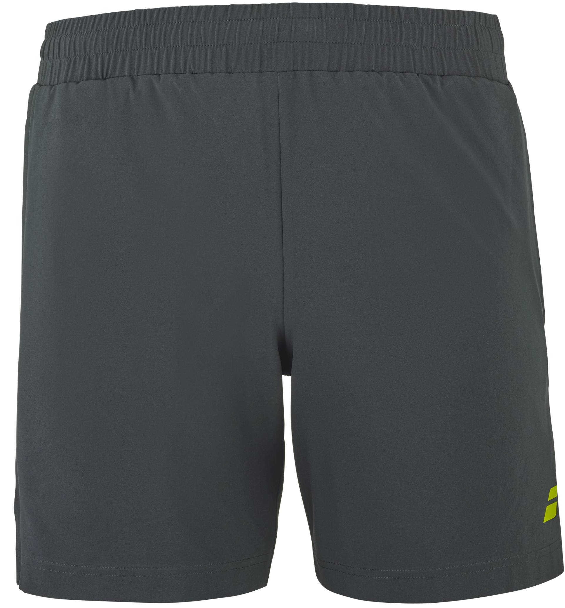 The Babolat Aero Mens Tennis Shorts in Grey/Aero are athletic shorts featuring an elastic waistband and a small yellow logo on the lower left leg, shown from the back. Designed by Babolat for men's tennis, these performance shorts offer simple, unadorned style and comfort ideal for the court.