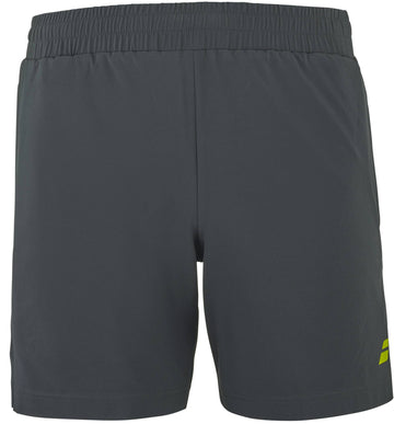 The Babolat Aero Mens Tennis Shorts in Grey/Aero are athletic shorts featuring an elastic waistband and a small yellow logo on the lower left leg, shown from the back. Designed by Babolat for men's tennis, these performance shorts offer simple, unadorned style and comfort ideal for the court.