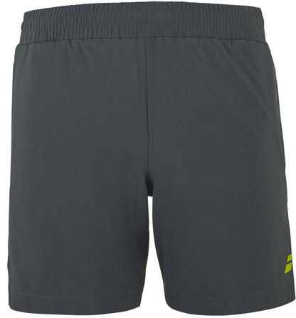 The Babolat Aero Mens Tennis Shorts in Grey/Aero are athletic shorts featuring an elastic waistband and a small yellow logo on the lower left leg, shown from the back. Designed by Babolat for men's tennis, these performance shorts offer simple, unadorned style and comfort ideal for the court.