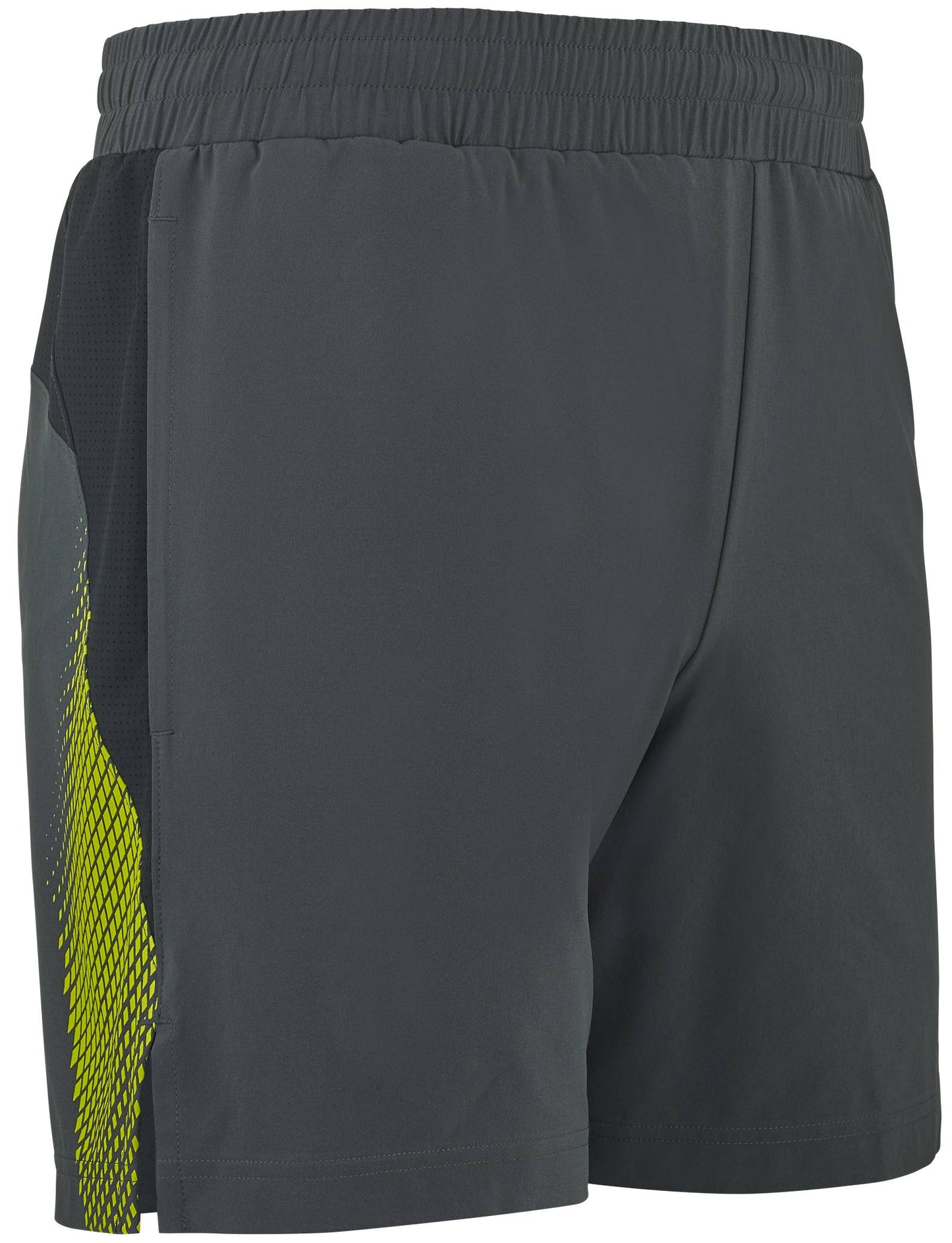The Babolat Aero Men's Tennis Shorts in Grey/Aero feature an elastic waistband and a distinctive yellow and black mesh-inspired side panel. Shown here from the back left angle, these performance shorts by Babolat are a standout addition to any men's tennis apparel collection.
