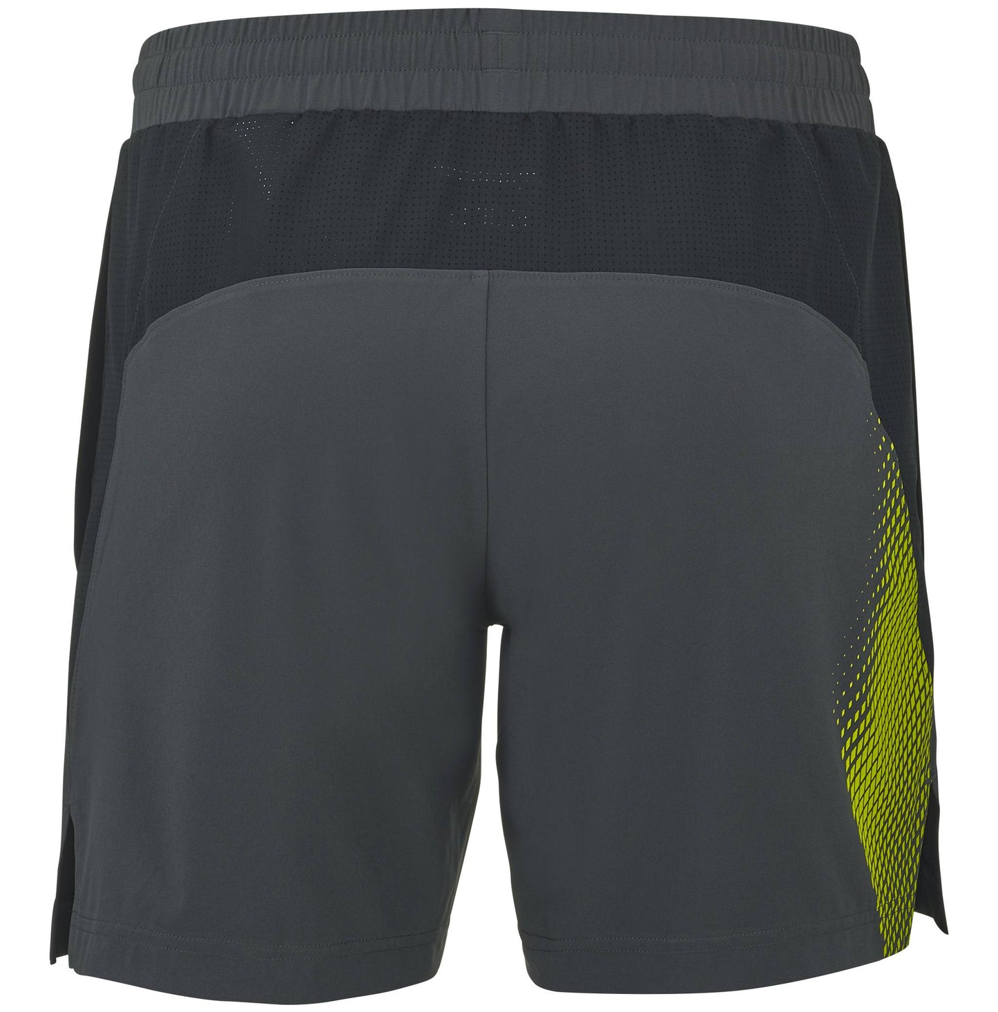 Back view of the Babolat Aero Mens Tennis Shorts - Grey / Aero by Babolat, showcasing a dark gray design with a black mesh waistband and a bold yellow graphic on the right side. These high-performance shorts are a must-have for any men’s tennis clothing collection.