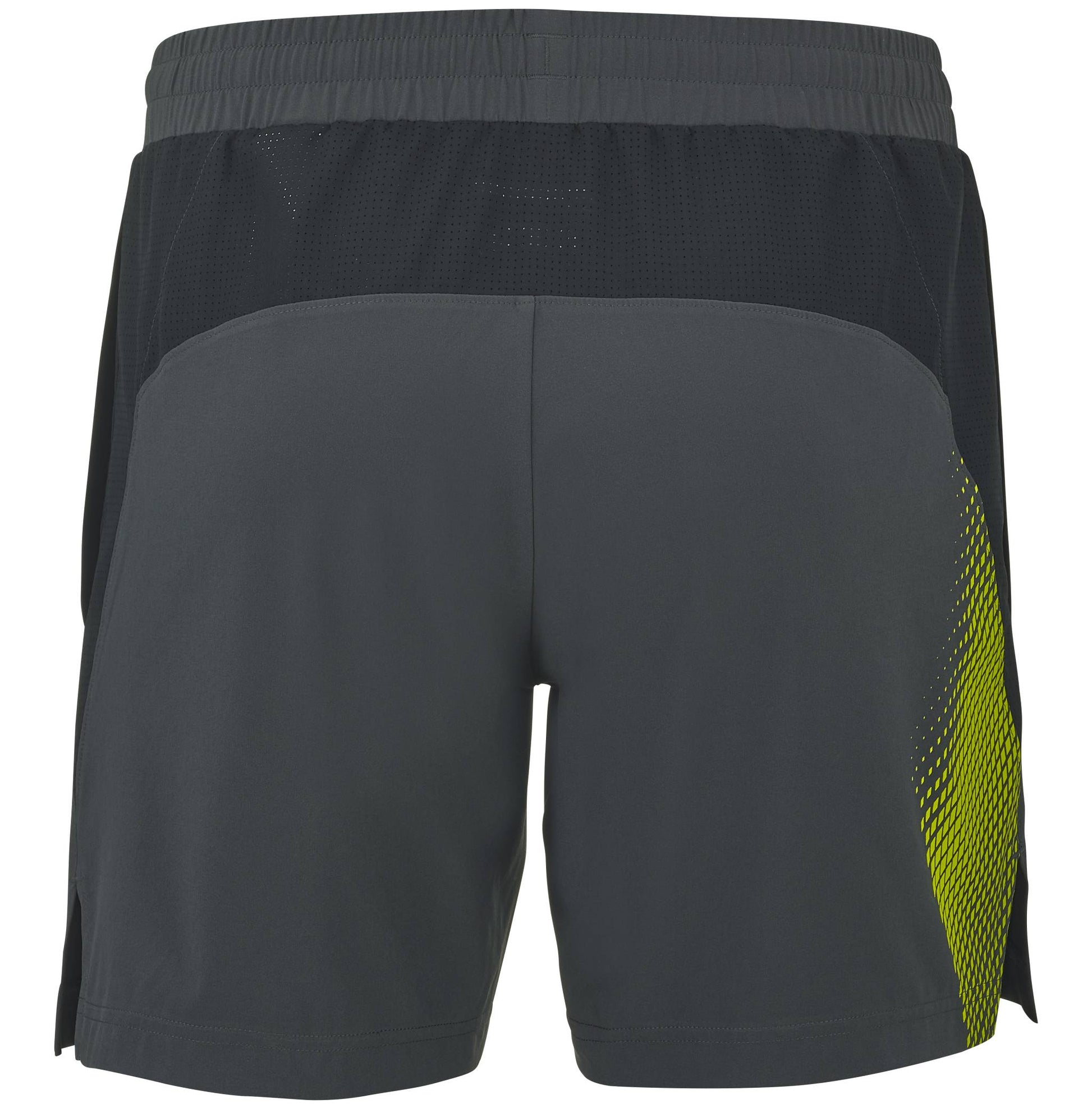 Back view of the Babolat Aero Mens Tennis Shorts - Grey / Aero by Babolat, showcasing a dark gray design with a black mesh waistband and a bold yellow graphic on the right side. These high-performance shorts are a must-have for any men’s tennis clothing collection.
